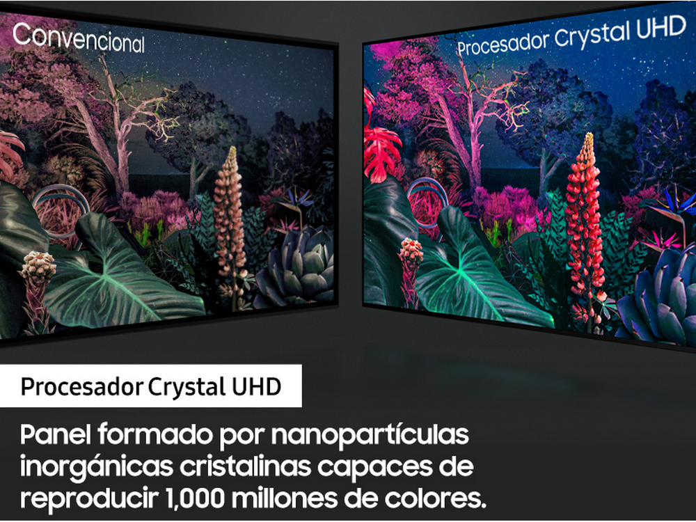 Dos televisores uno al lado del otro, mostrando diferentes imágenes. El texto compara procesadores convencionales y Crystal UHD.