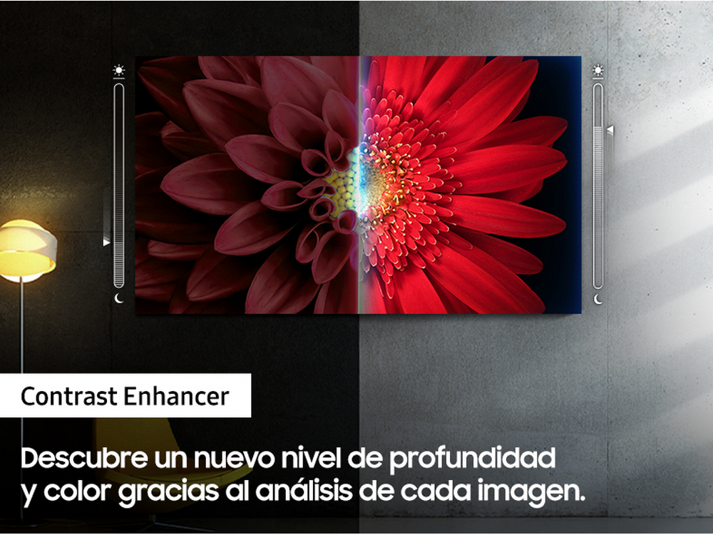 Pantalla de TV mostrando una imagen de flores. La función de mejora de contraste se destaca en el texto.