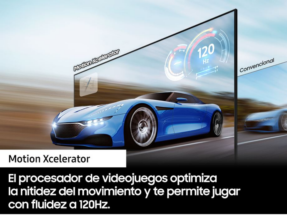 Coche deportivo azul en pantalla con pantalla de 120 Hz para juegos.
