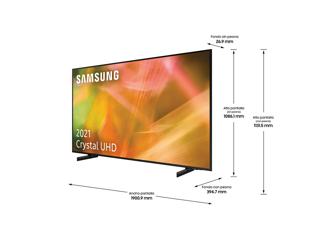TV Samsung con medidas, marco negro, pantalla colorida. Fondo blanco.