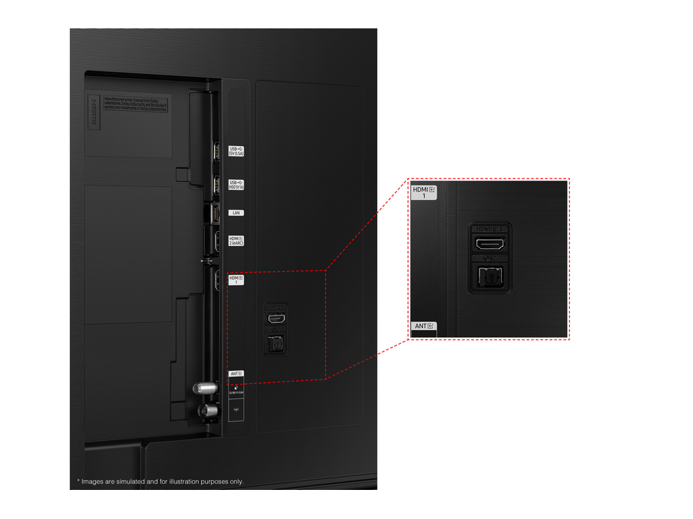 Vista trasera de un televisor negro con puertos resaltados. Primer plano de puertos HDMI y ANT con cuadro rojo.
