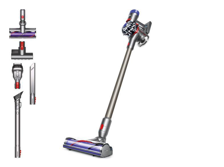 Dyson Akku-Staubsauger mit Aufsätzen. Graue und rote Akzente. Weißer Hintergrund.