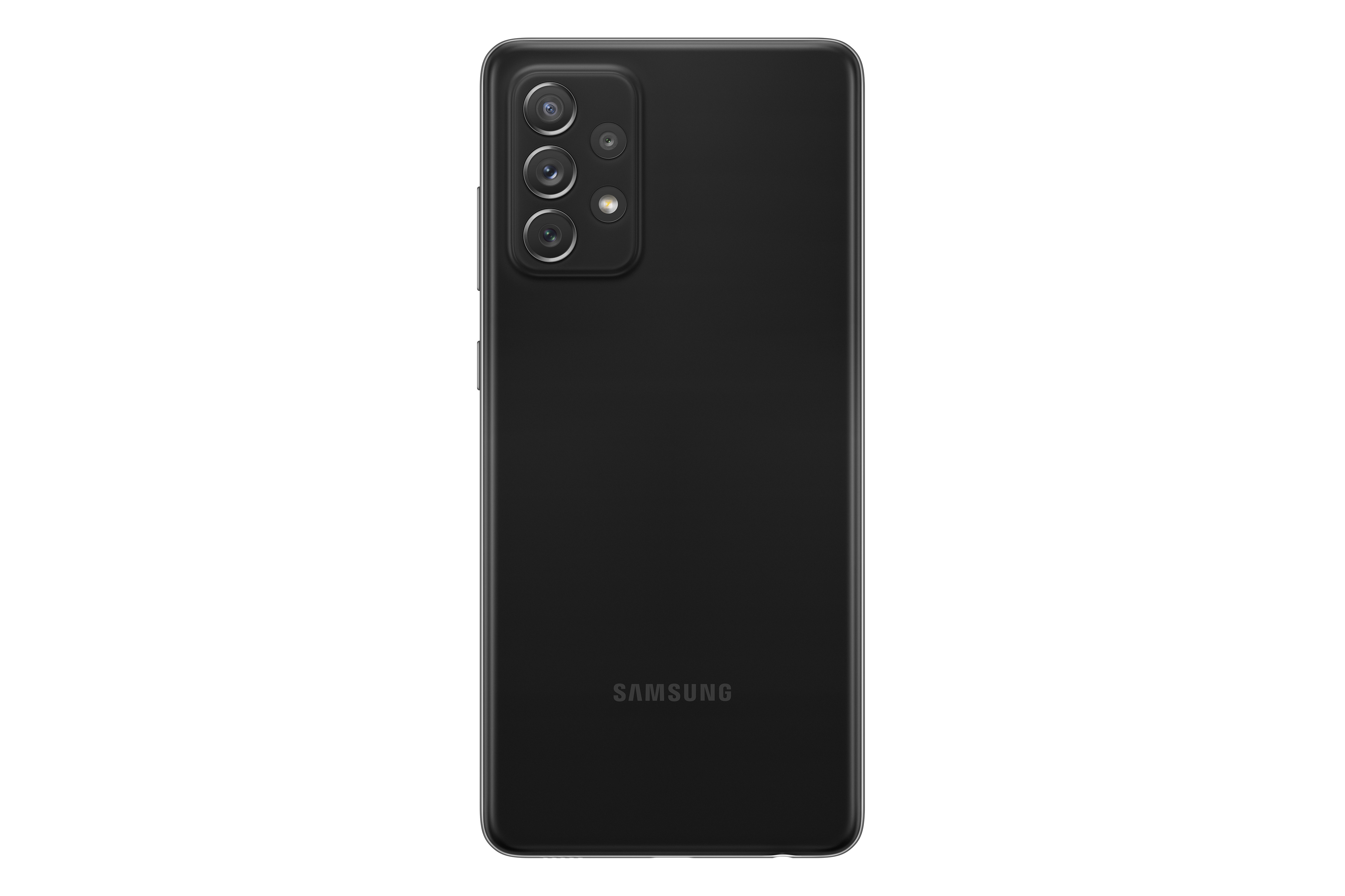 Çoklu kamera lensleri ve Samsung logosu olan siyah akıllı telefonun arka görünümü, beyaz zemin üzerinde izole edilmiş.