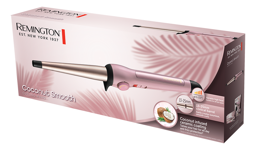 Remington hajgöndörítő a dobozban. Rózsaszín, kúpos hordó, kókusz sima.