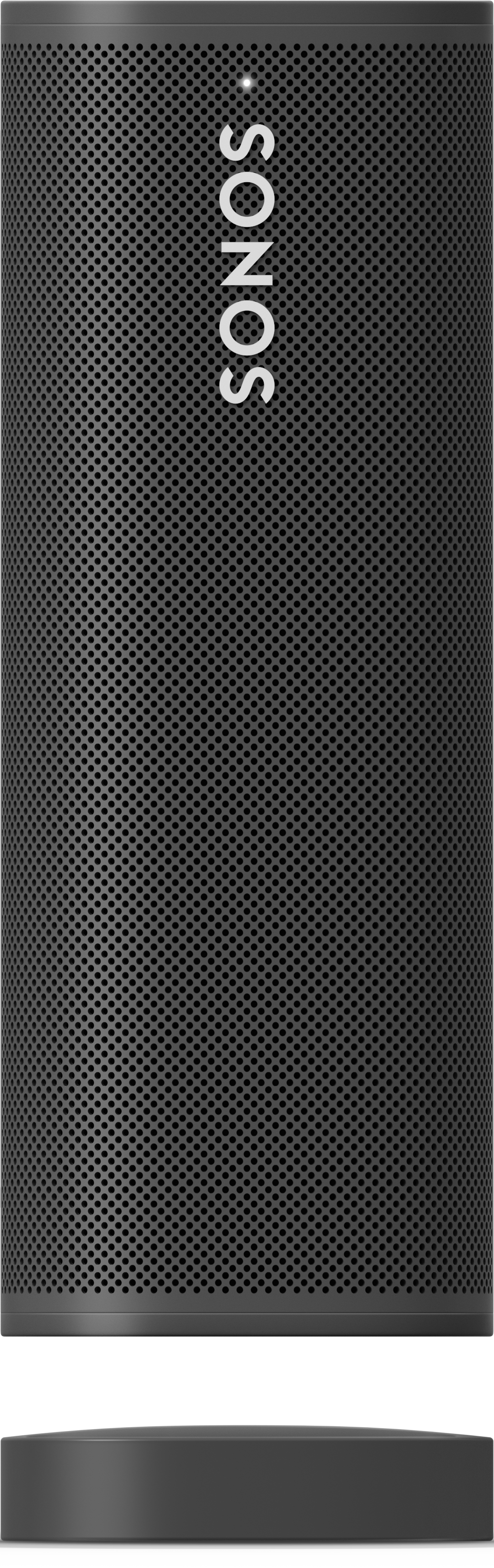 Een hoge, donkergrijze Sonos-luidspreker met het Sonos-logo erop. De basis is ook donkergrijs.