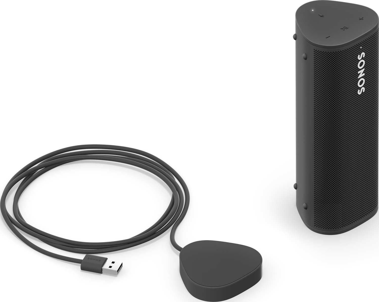 Een zwarte Sonos-luidspreker met een voedingskabel en een USB-C-connector.