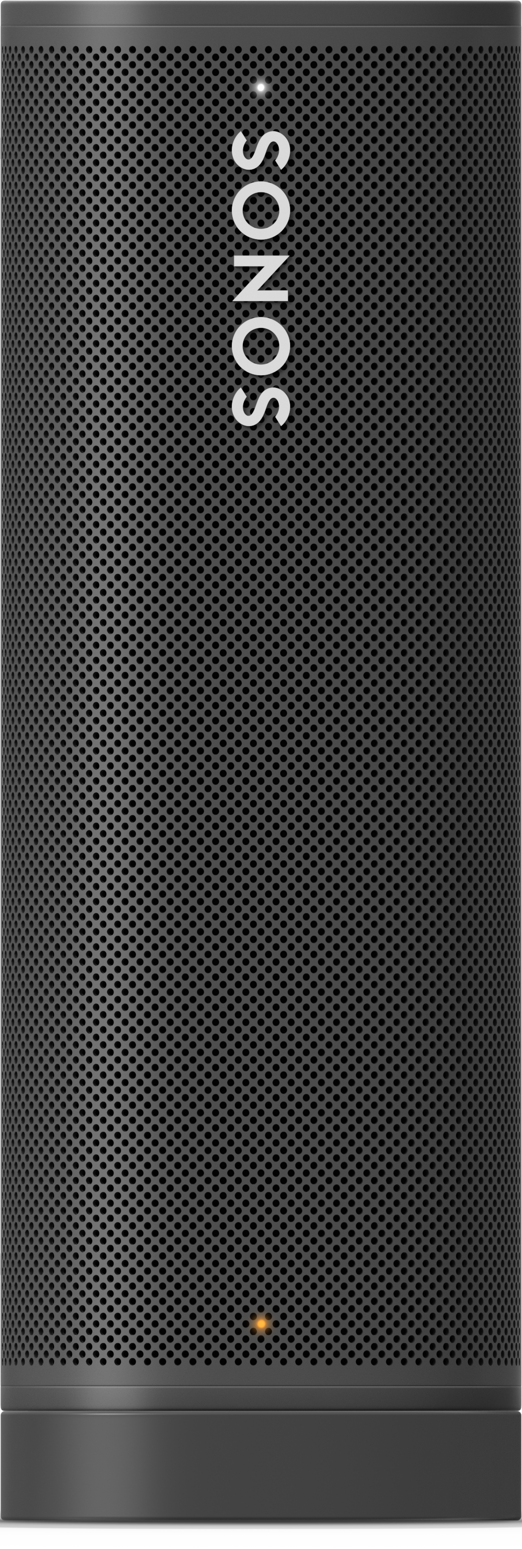 Zwarte cilindrische speaker met SONOS-branding. Geperforeerd oppervlak, klein licht aan de basis.