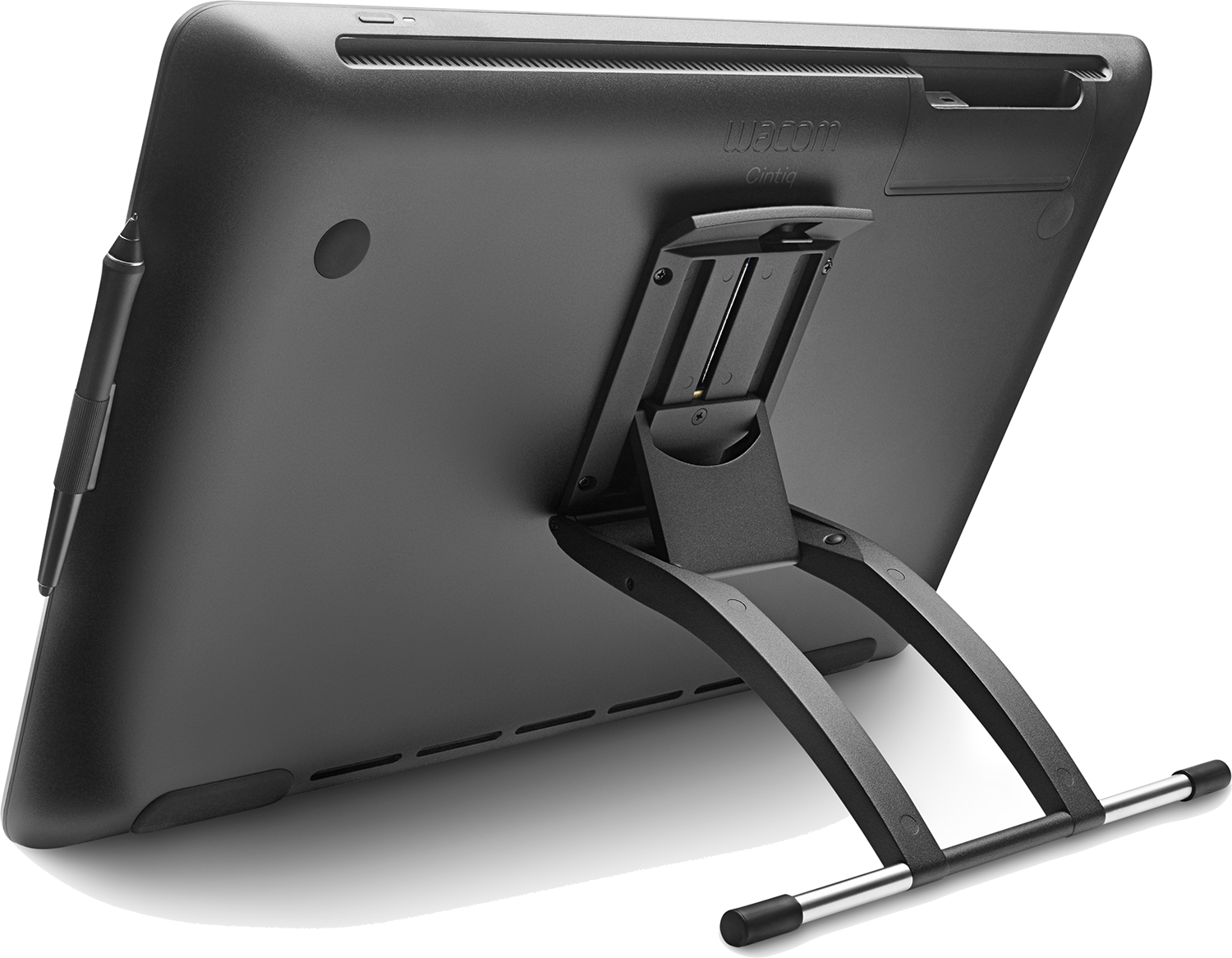 Black drawing tablet with a pen and stand. The stand is in the back.