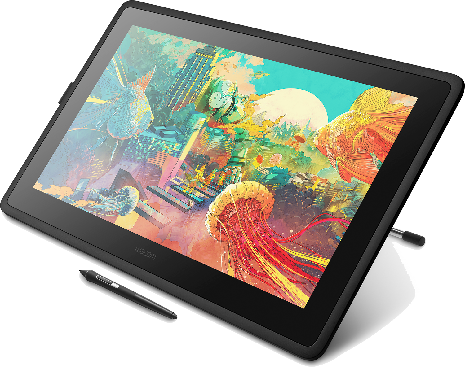 Black Wacom drawing tablet with a colorful digital art scene on display.