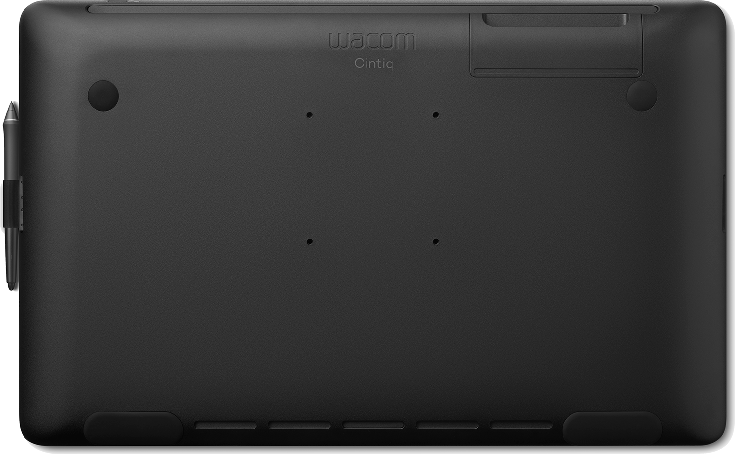 Black Wacom Cintiq tablet with the Wacom logo, a stylus, and three small holes on the back.