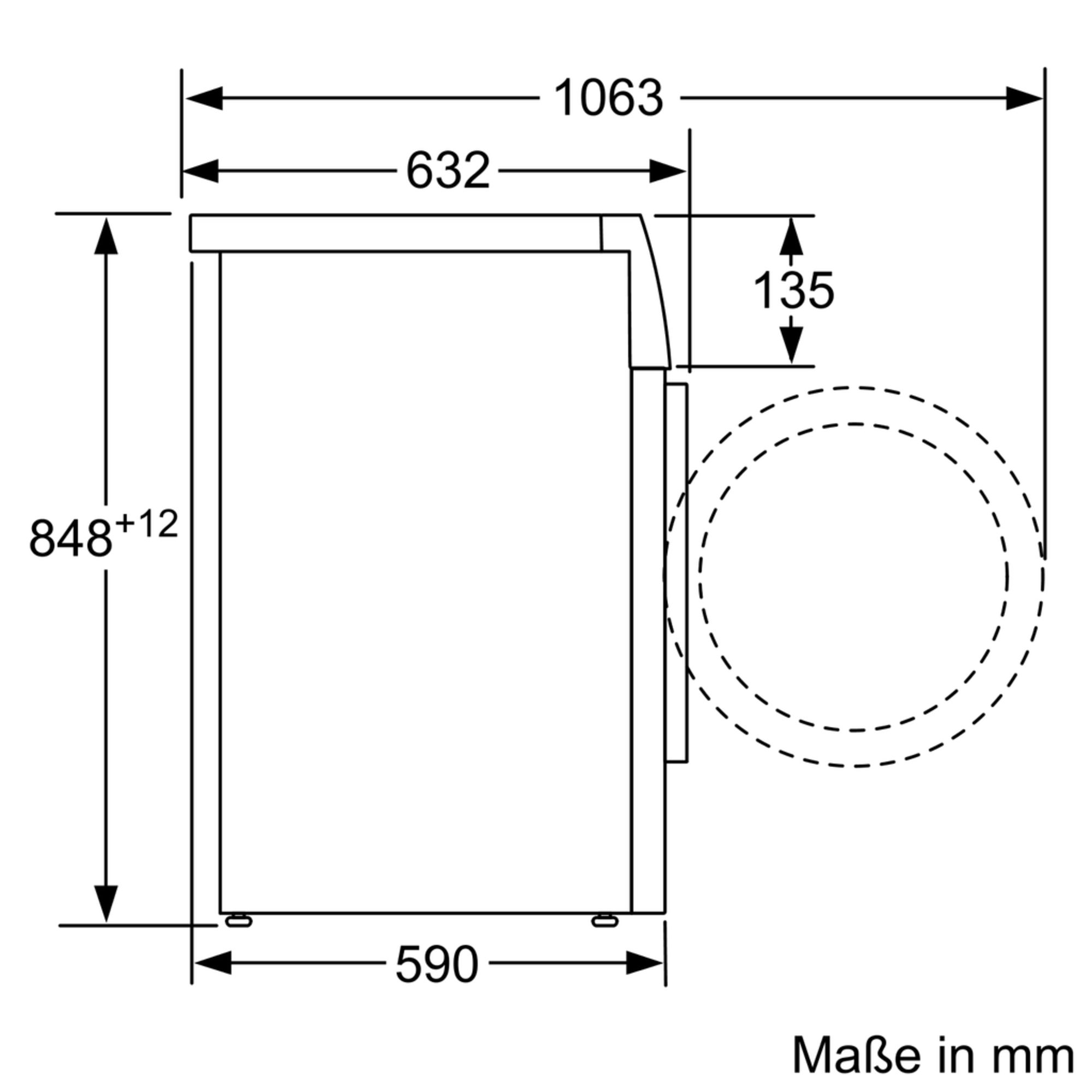 Diagramm einer Waschmaschine mit Abmessungen in Millimetern. Beschriftungen zeigen Höhe, Breite und Tiefe.