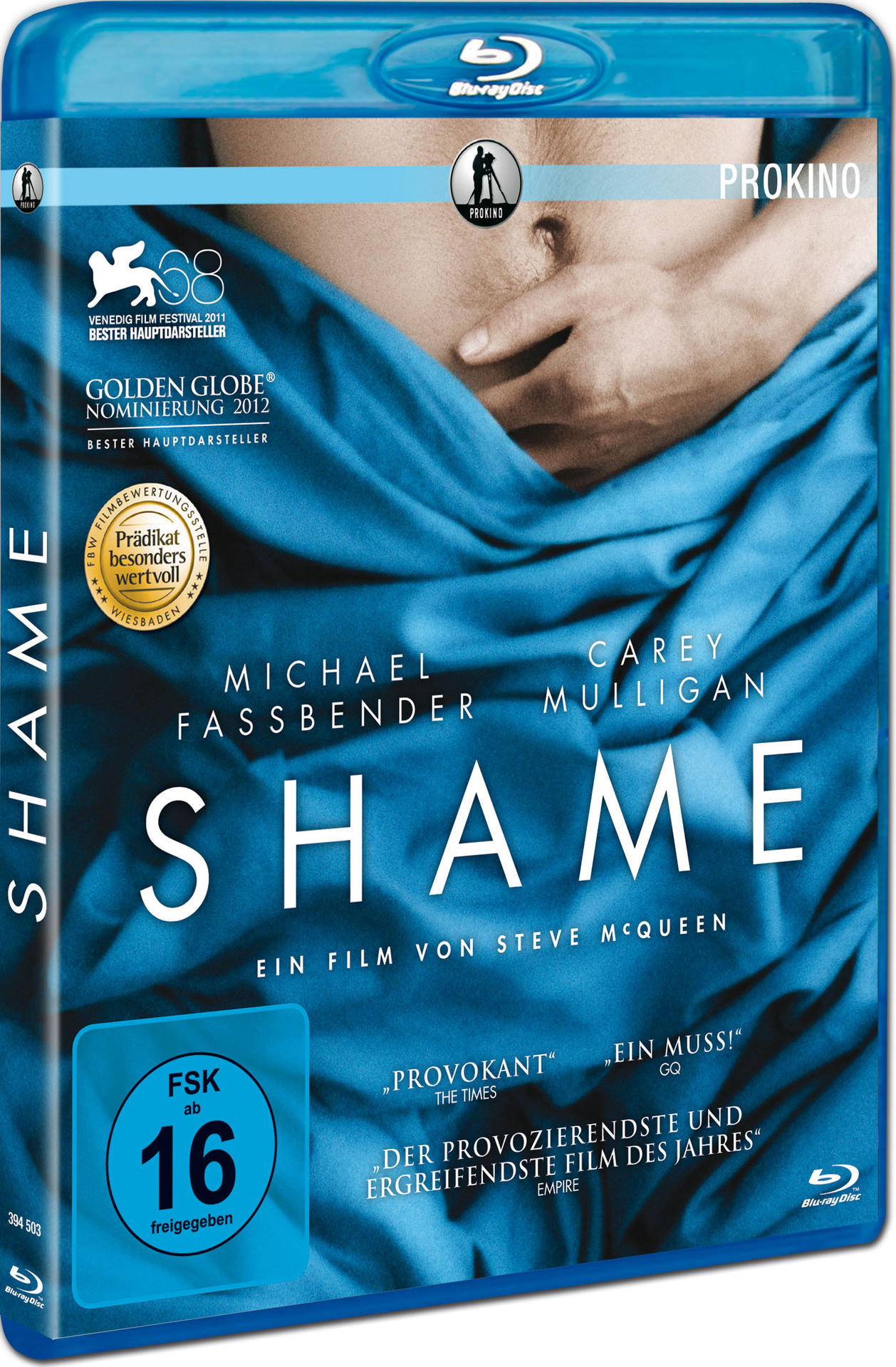 Das blaue Blu-ray-Cover des Films 'Shame', mit Schauspielernamen, Bewertung und Auszeichnungen.