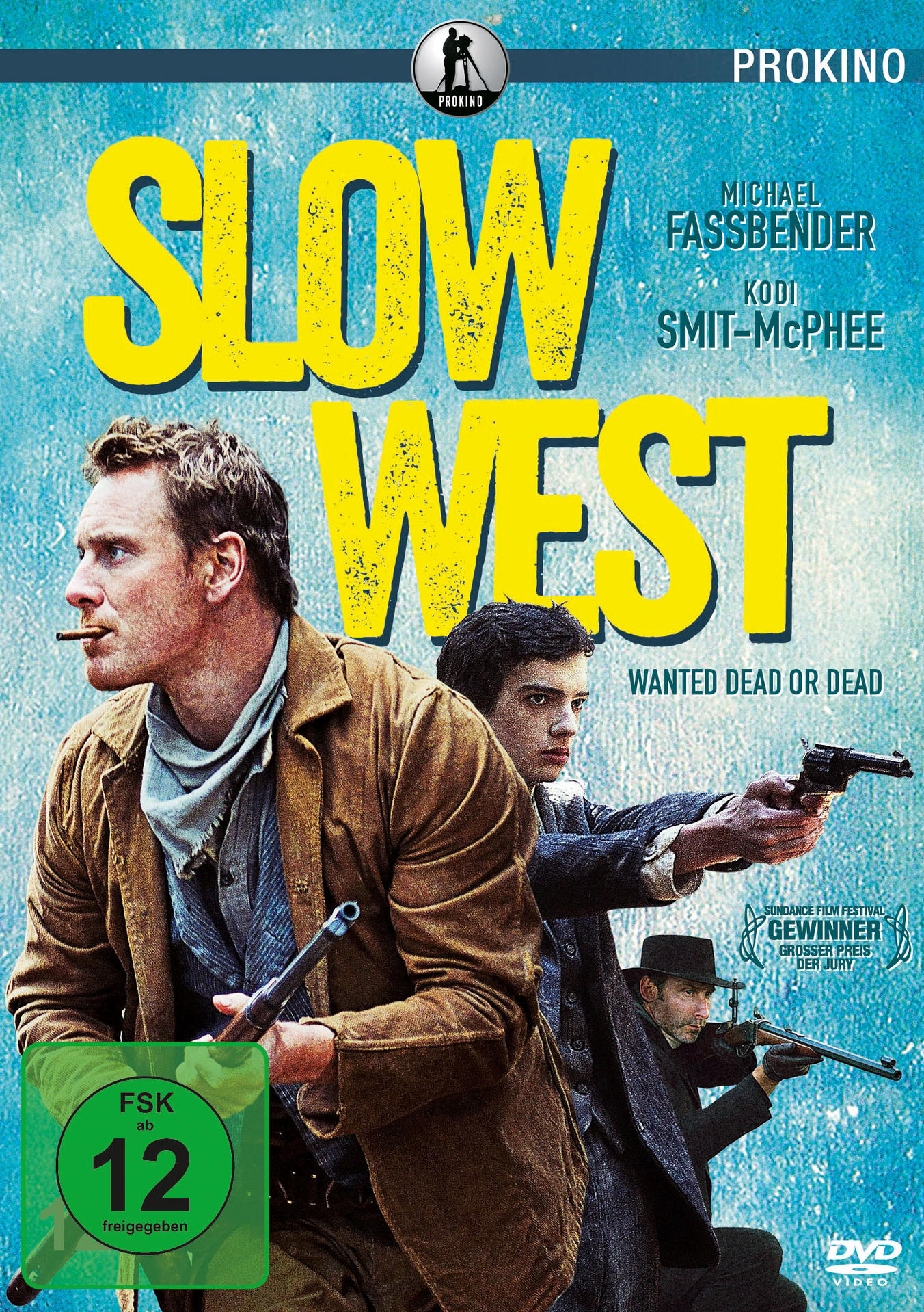 Filmplakat: Zwei Männer im Westen, einer mit einer Waffe. Text: Slow West.