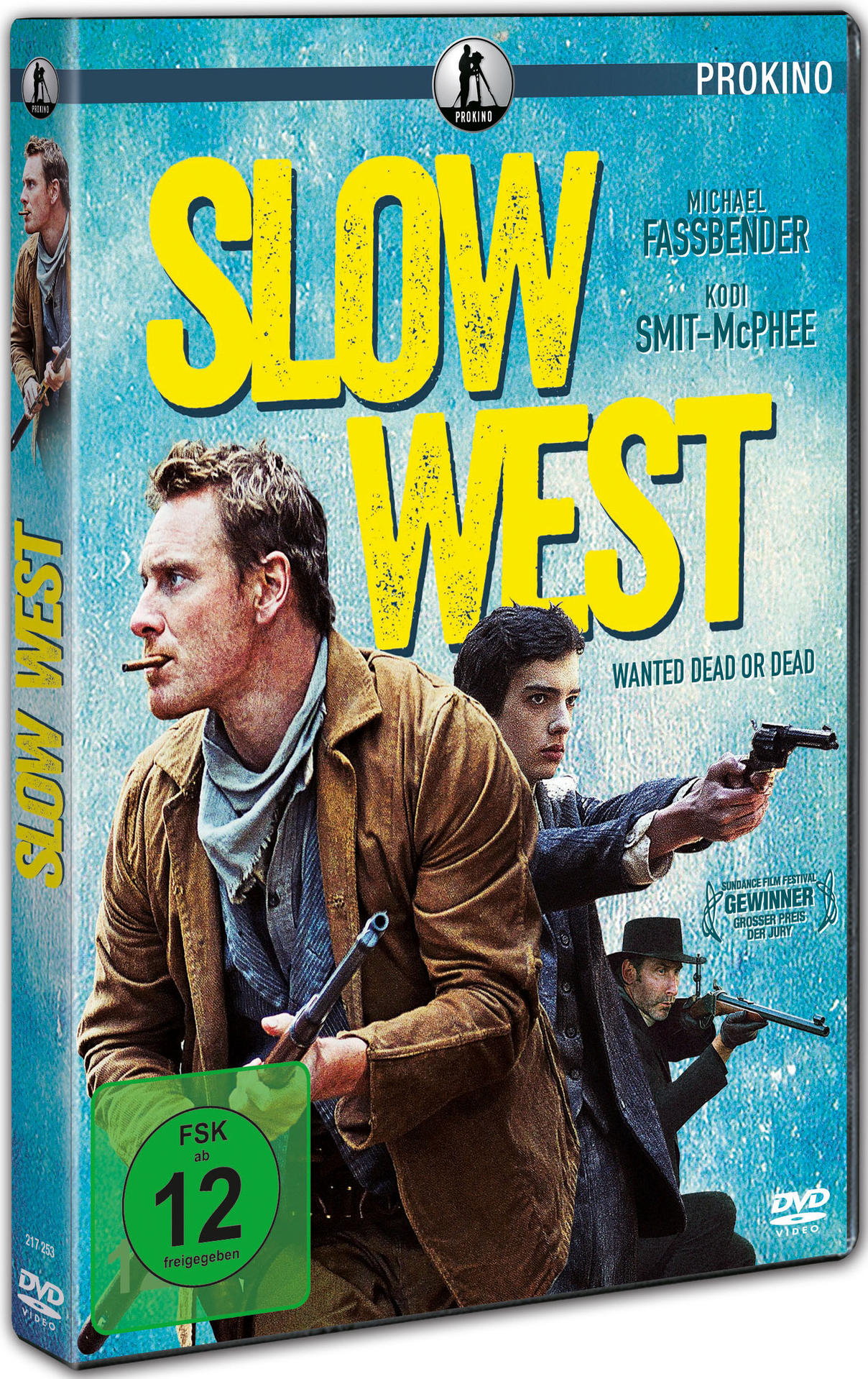 DVD-Cover für 'Slow West'. Mann mit Waffe, Titel in Gelb und Namen der Schauspieler.