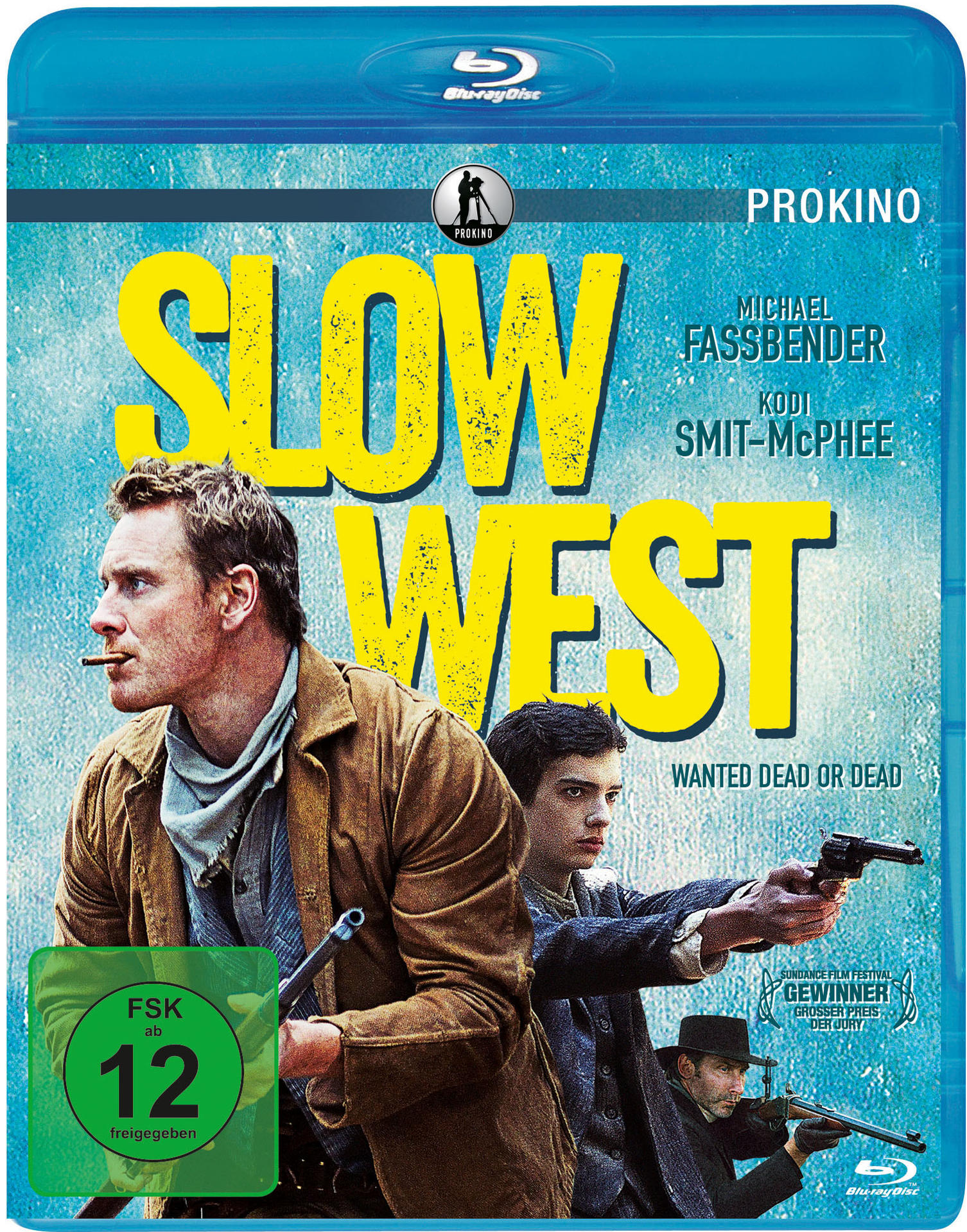 Blu-ray-Disc-Cover mit zwei Männern und dem Filmtitel 'Slow West'.