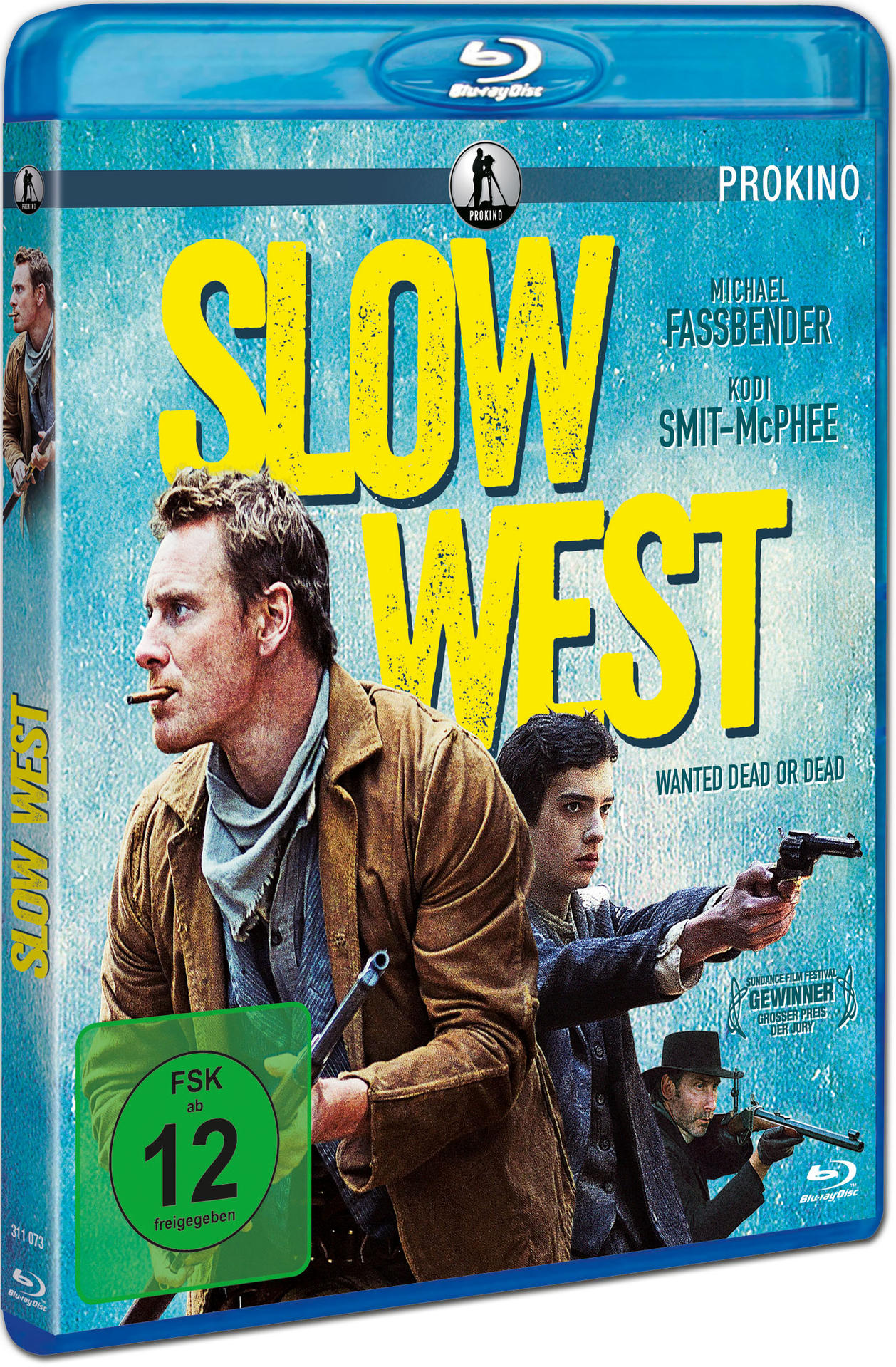 Blu-ray-Cover für Slow West, Schauspieler und Text. Western-Thema.