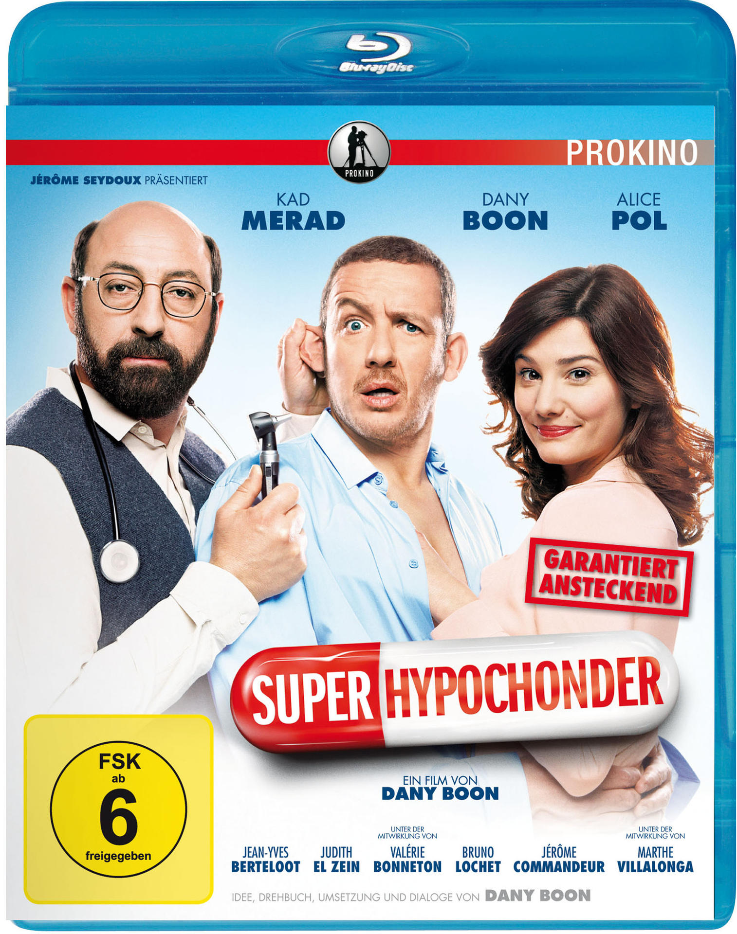 Super Hypochonder DVD-Cover: Drei Schauspieler mit lustigen Ausdrücken. Titel und Pillenbild prominent.
