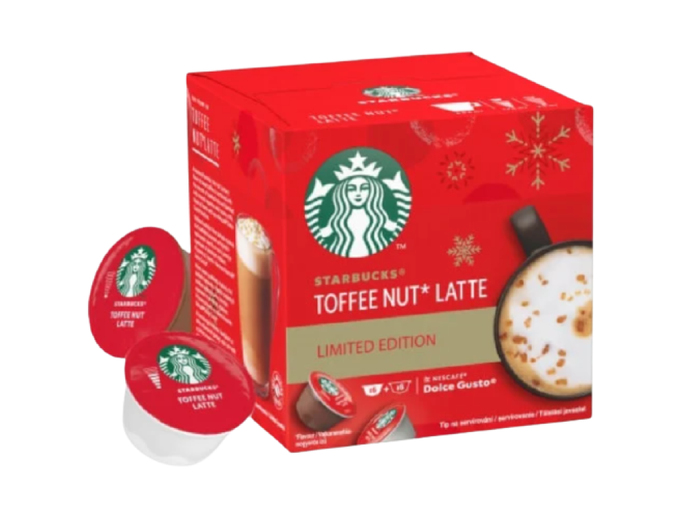 Caja y cápsulas de Starbucks Toffee Nut Latte. Empaque rojo. Imagen de bebida de café.