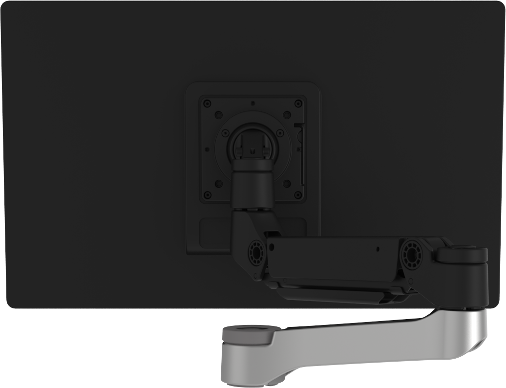 Back view of a computer monitor with an adjustable arm.