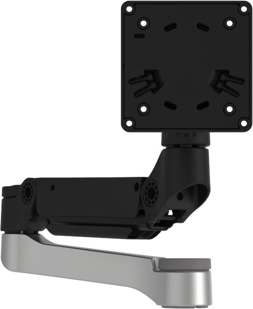 A black and silver monitor arm for mounting a screen.