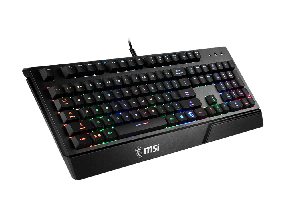 Teclado negro con teclas coloridas e iluminadas sobre fondo negro.