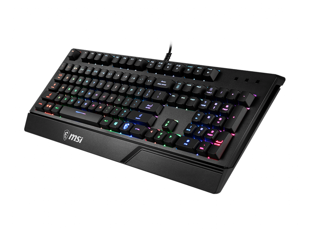 Un teclado MSI negro con teclas retroiluminadas de colores.
