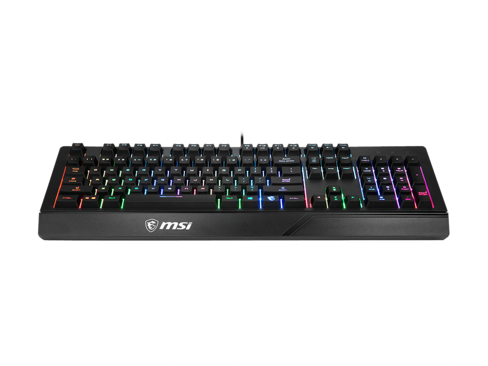 Teclado negro con teclas multicolores y un logotipo en la parte inferior.