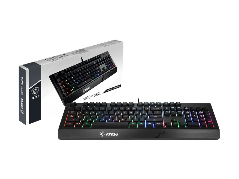 Un teclado gaming negro con luces de colores, junto a su caja. Fondo negro.