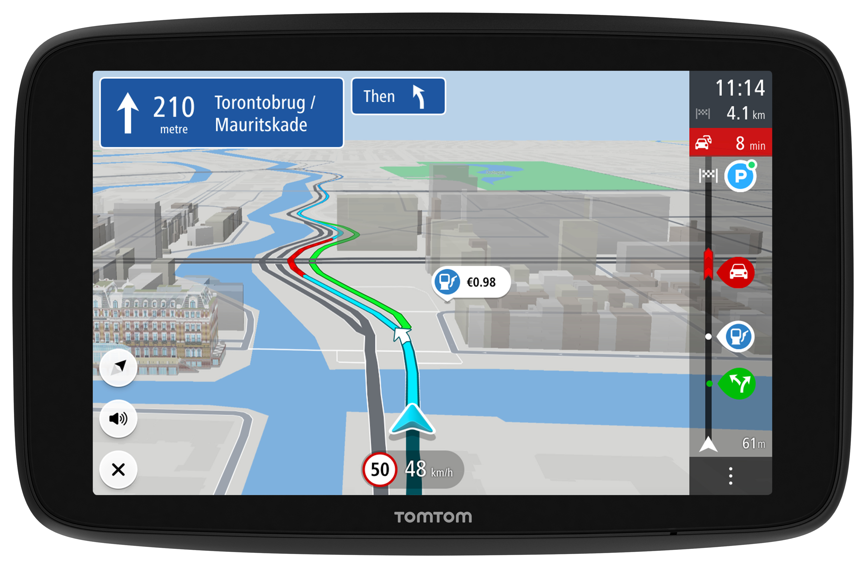 GPS-Gerät mit Karte und Route. Das Gerät ist schwarz und zeigt eine Route mit Anweisungen.