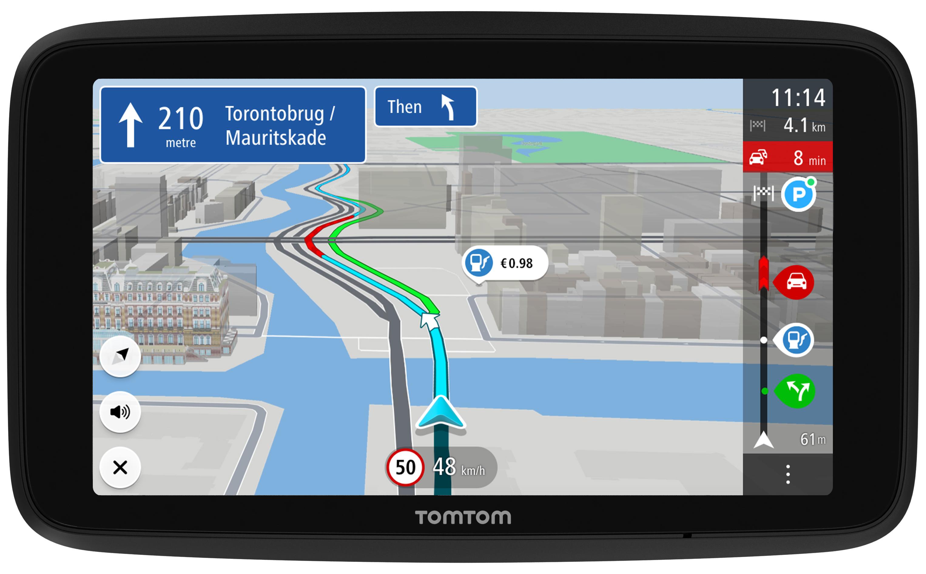 TomTom GPS zeigt eine Routenkarte mit Navigationsdetails.