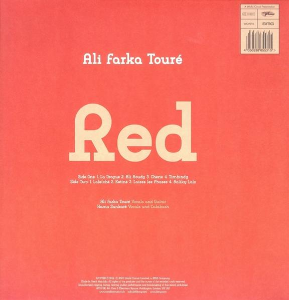 Ein rotes Albumcover mit dem Text "Ali Farka Touré Red". Das Cover zeigt die Titelliste.