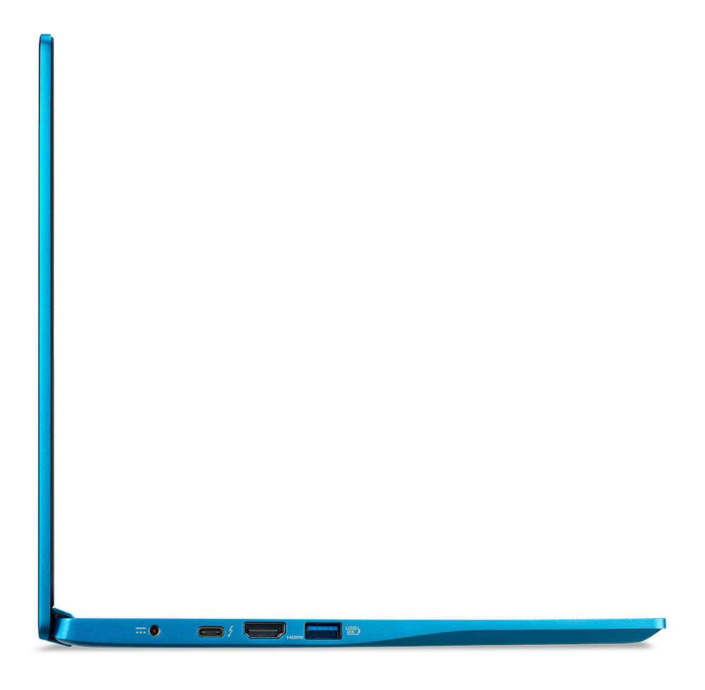Zijaanzicht van een blauwe laptop op een zwarte achtergrond.