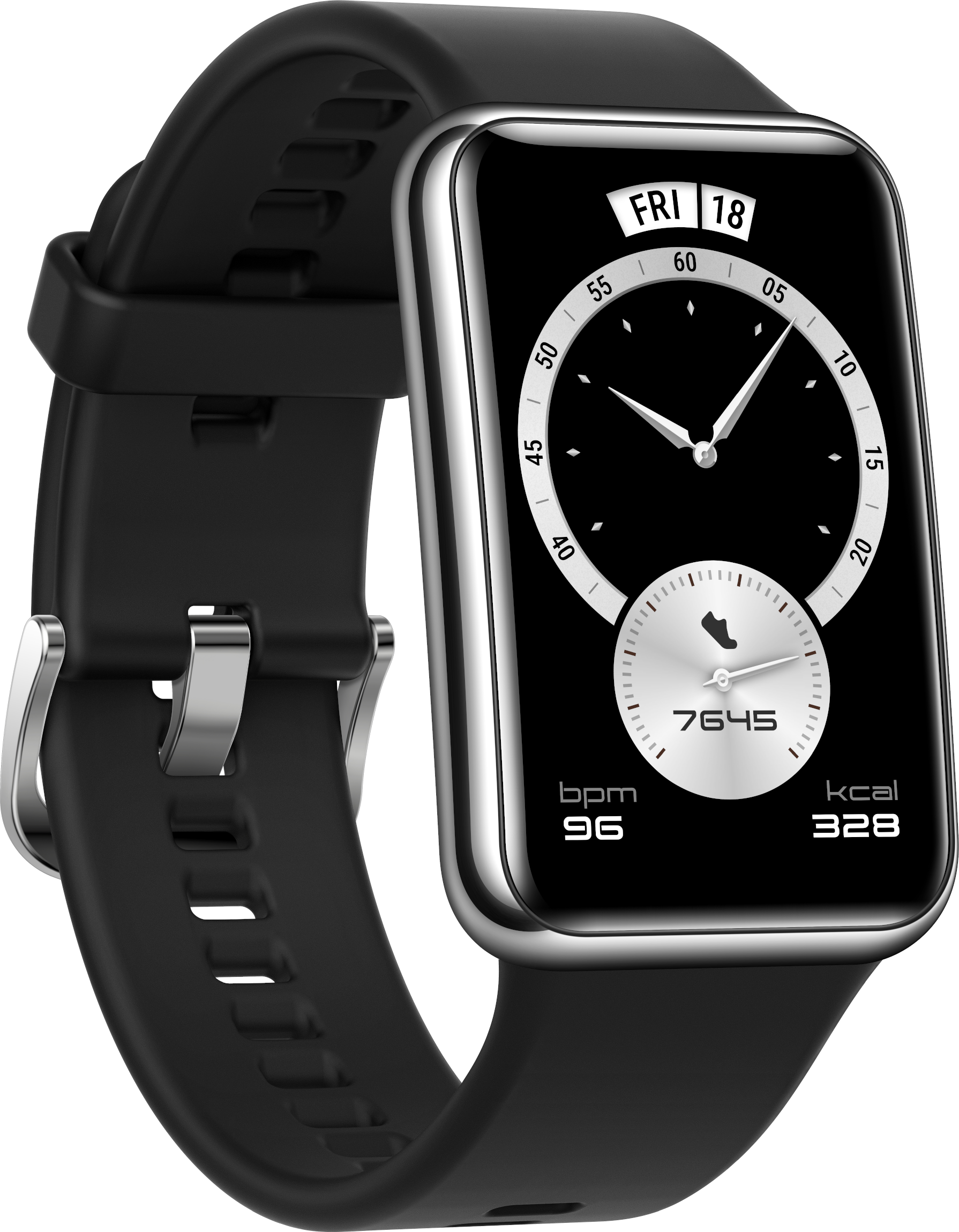 Schwarze Smartwatch mit schwarzem Armband, zeigt Zeit, Schritte, BPM und Kalorien.