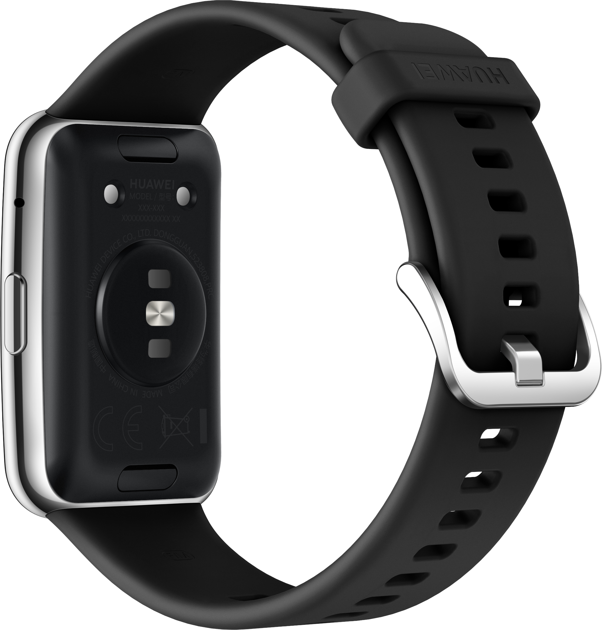 Rückansicht einer schwarzen Huawei Smartwatch mit schwarzem Armband und silberner Schnalle.