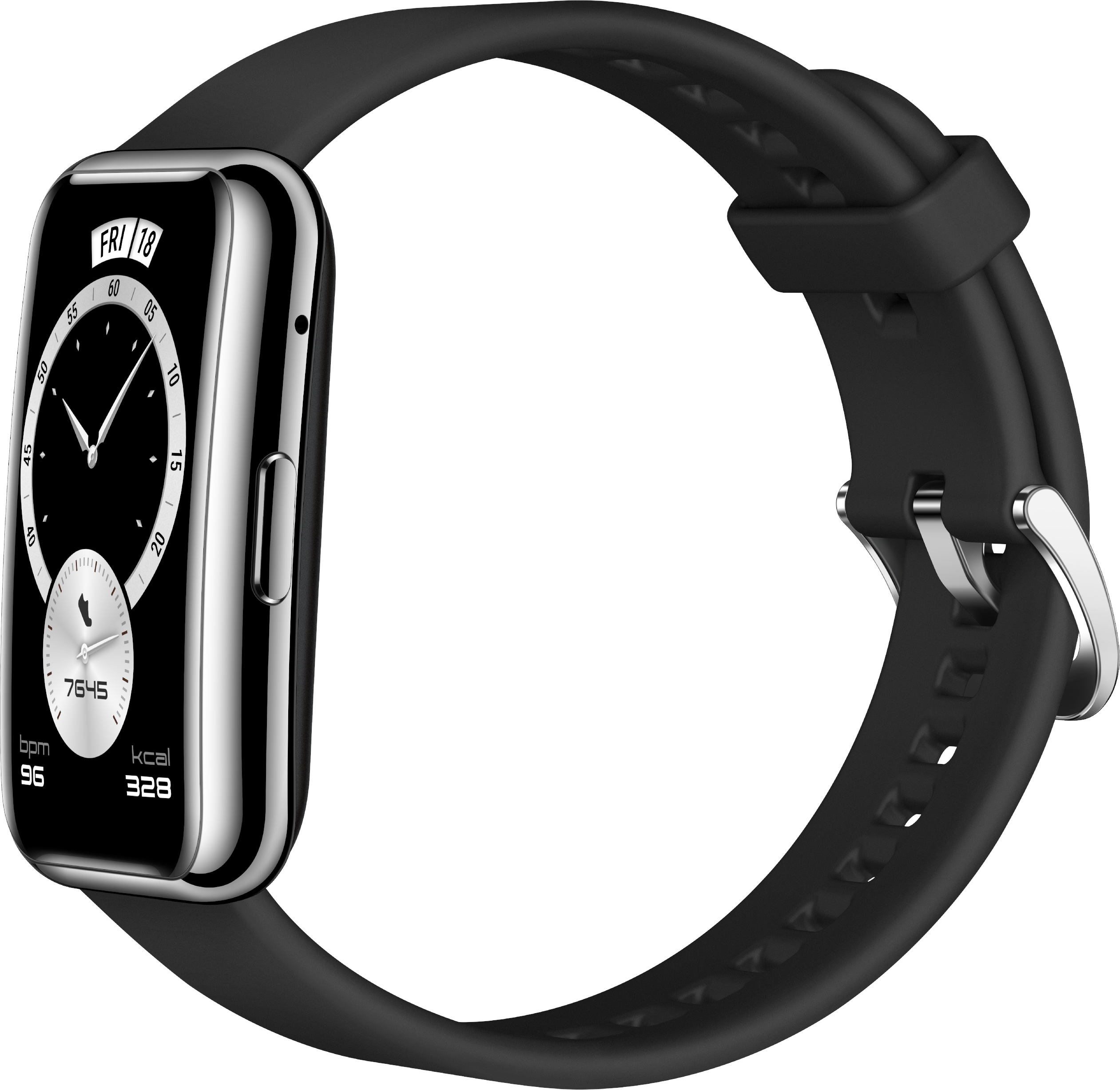 Schwarze Smartwatch mit silbernem Rahmen und schwarzem Armband. Bildschirm zeigt Zeit und Gesundheitsmetriken.