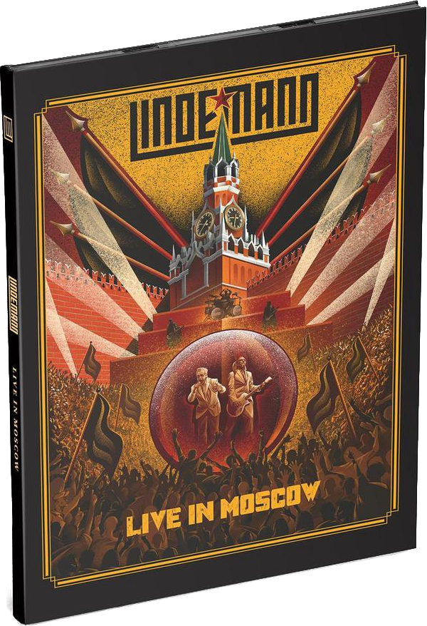 Cd-hoes van 'Lindemann Live in Moscow'. Met een concertscène met een rode toren.