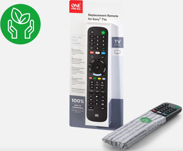 One For All Universalfernbedienung mit Verpackung und Blatt-Symbol für umweltfreundlich.