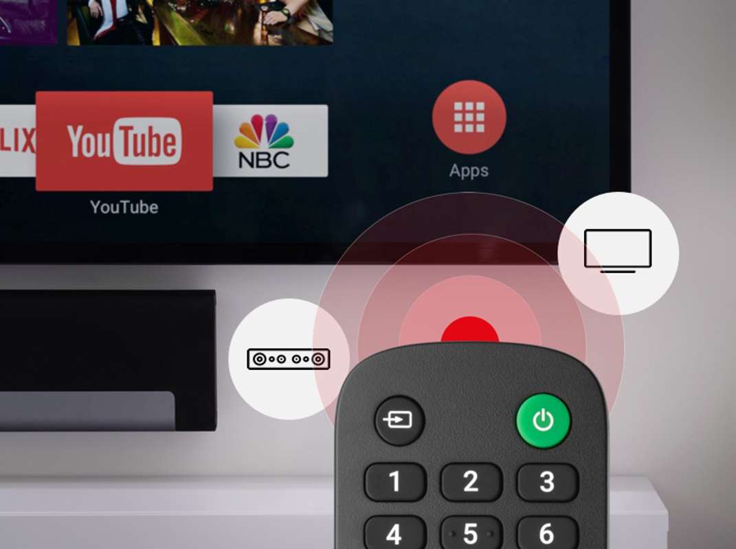 TV-Bildschirm mit App-Symbolen und Fernbedienung. Die Fernbedienung zeigt auf den Bildschirm.
