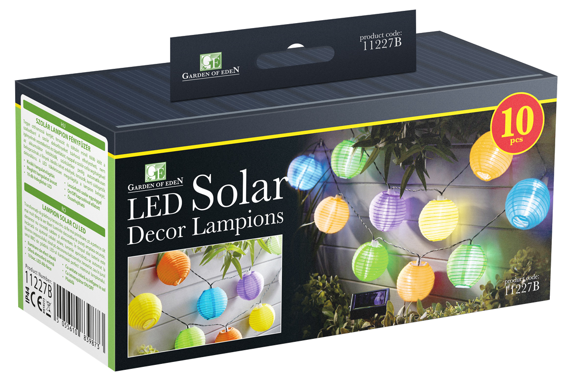 LED-es napelemes lámpások doboza színes lámpákkal, 11227B termékkód, Garden of Eden márka.