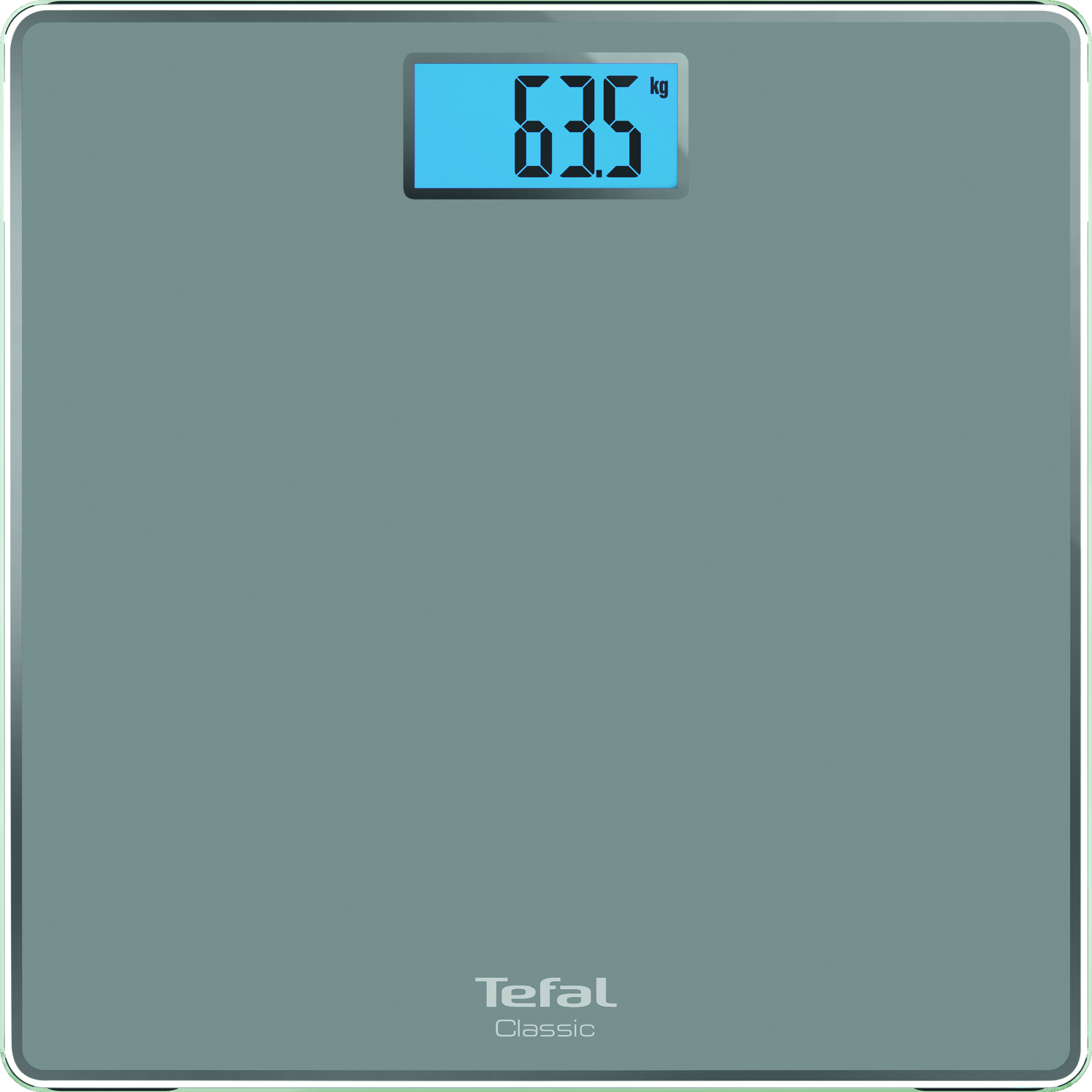 Digitale badkamerweegschaal met 63,5 kg. Tefal Classic-logo onderaan.