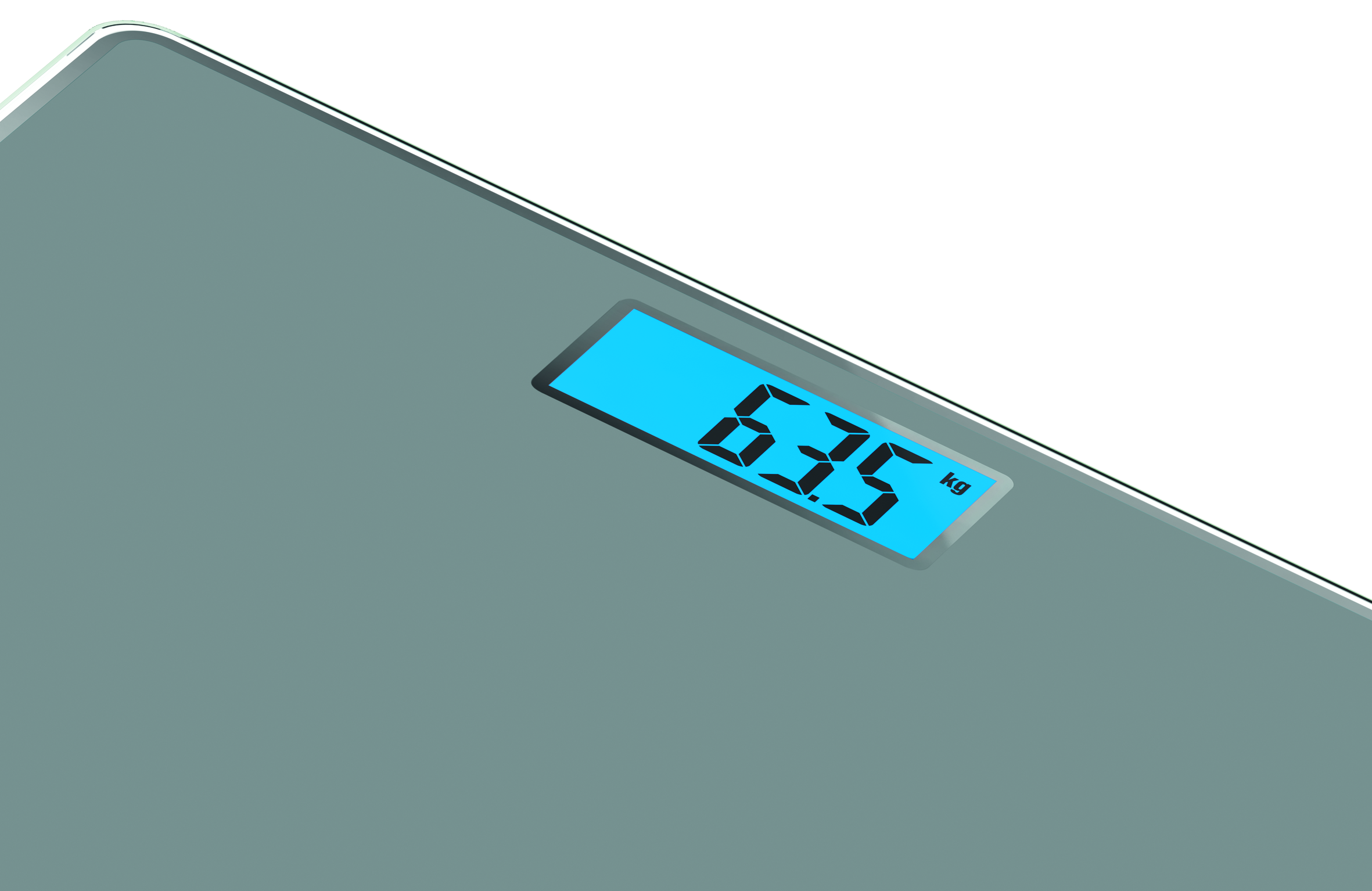Digitale weegschaal met een blauw scherm met 63,5 kg. De weegschaal is grijs.