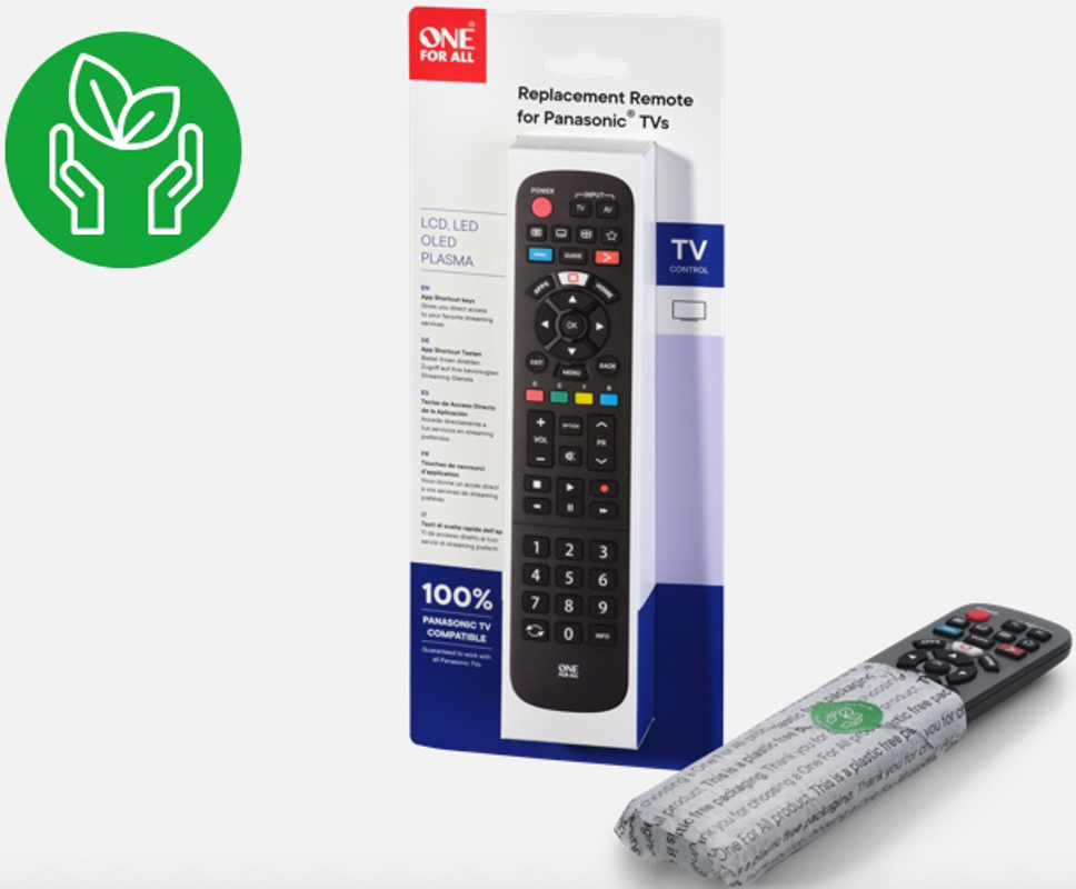 One For All Fernbedienung für Panasonic TVs. Verpackung mit Grünblatt-Logo.
