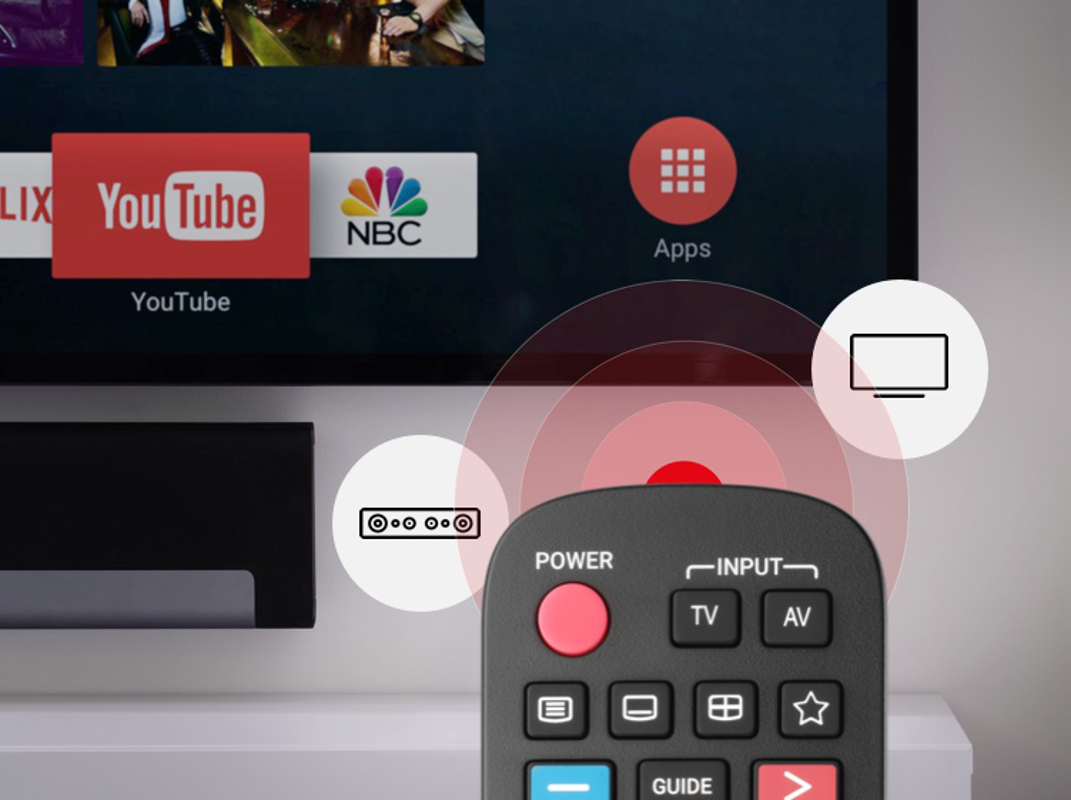 Ein Fernsehbildschirm mit Apps, eine Fernbedienung mit Ein-, Eingabe- und anderen Tasten im Vordergrund.