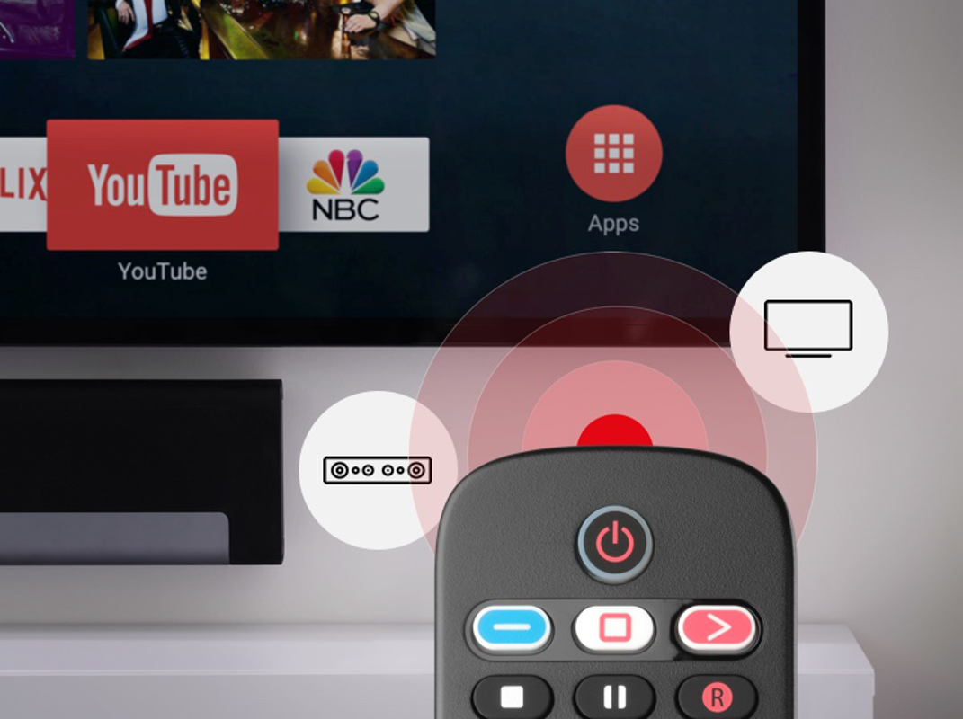 Ein Fernsehbildschirm mit einer Fernbedienung. Der Bildschirm zeigt Apps wie Netflix, YouTube und NBC.