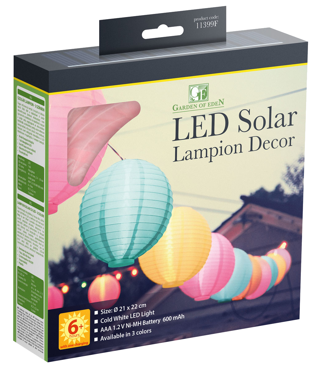LED-es napelemes lámpások doboza színes dizájnnal és 'Garden of Eden' felirattal.