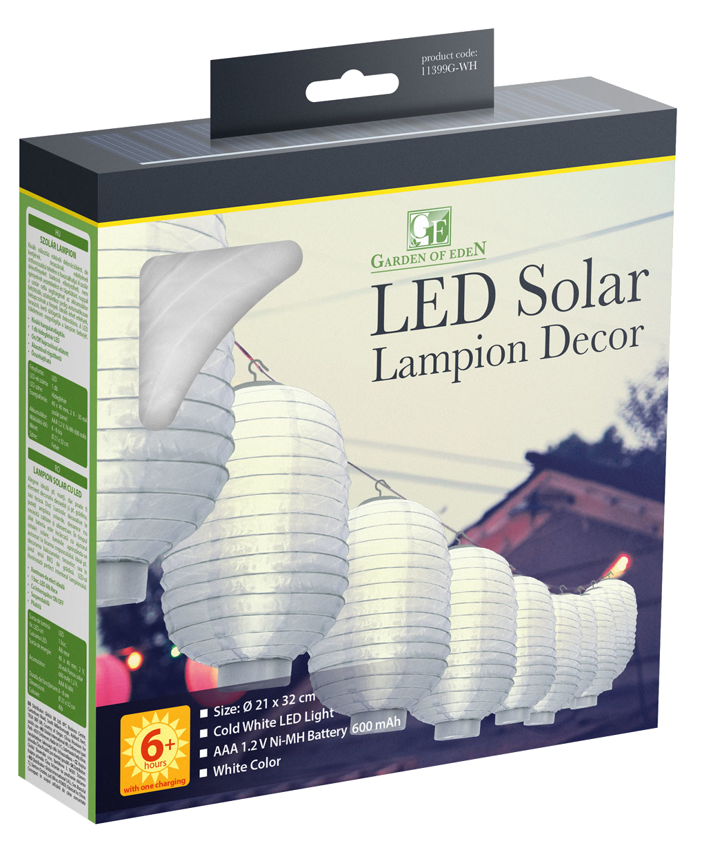 LED-es szolár lámpások doboza. Fehér papírlámpások láthatók. Szöveg a dobozon.