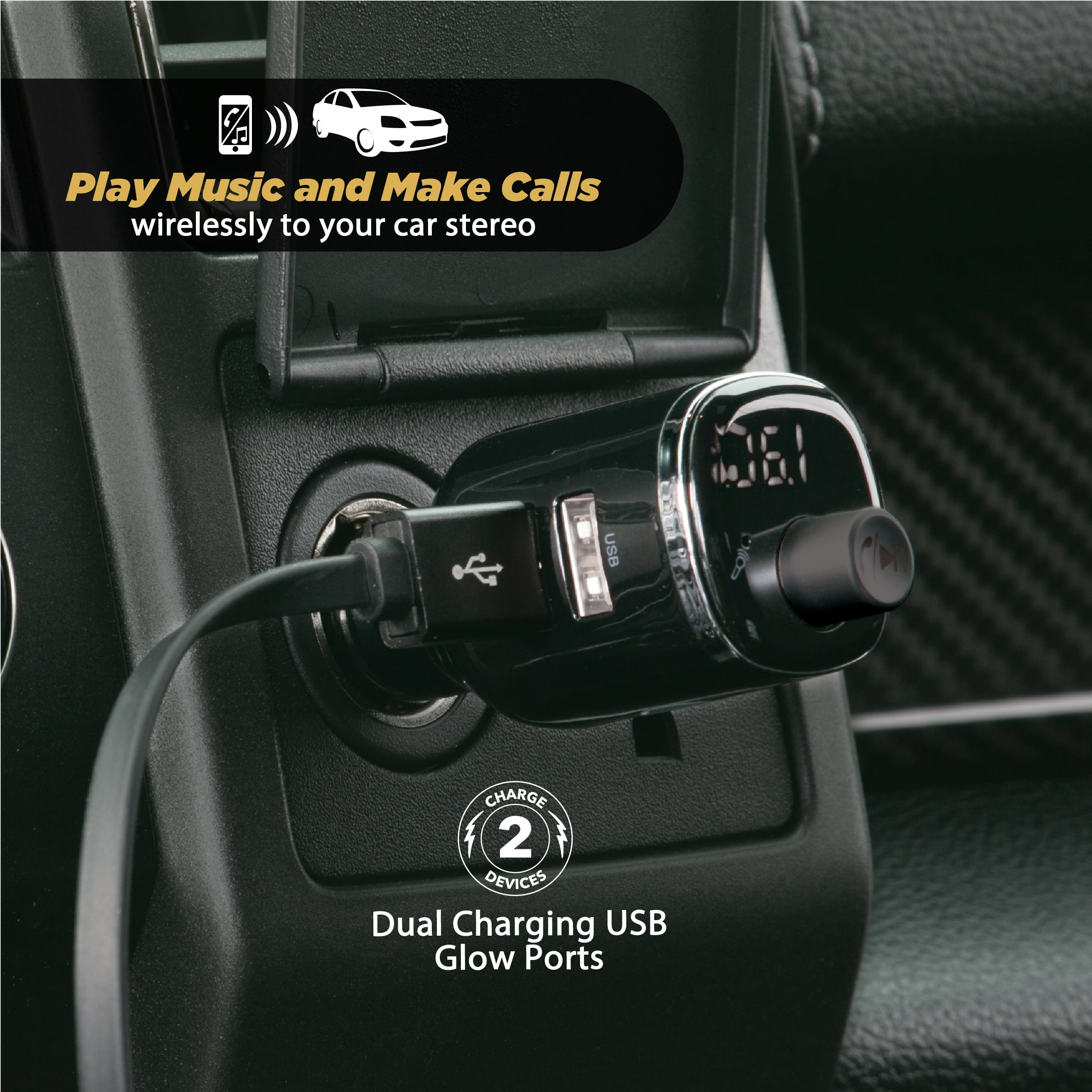 Autoladegerät mit USB-Anschlüssen, Digitalanzeige und Text 'Play Music'.
