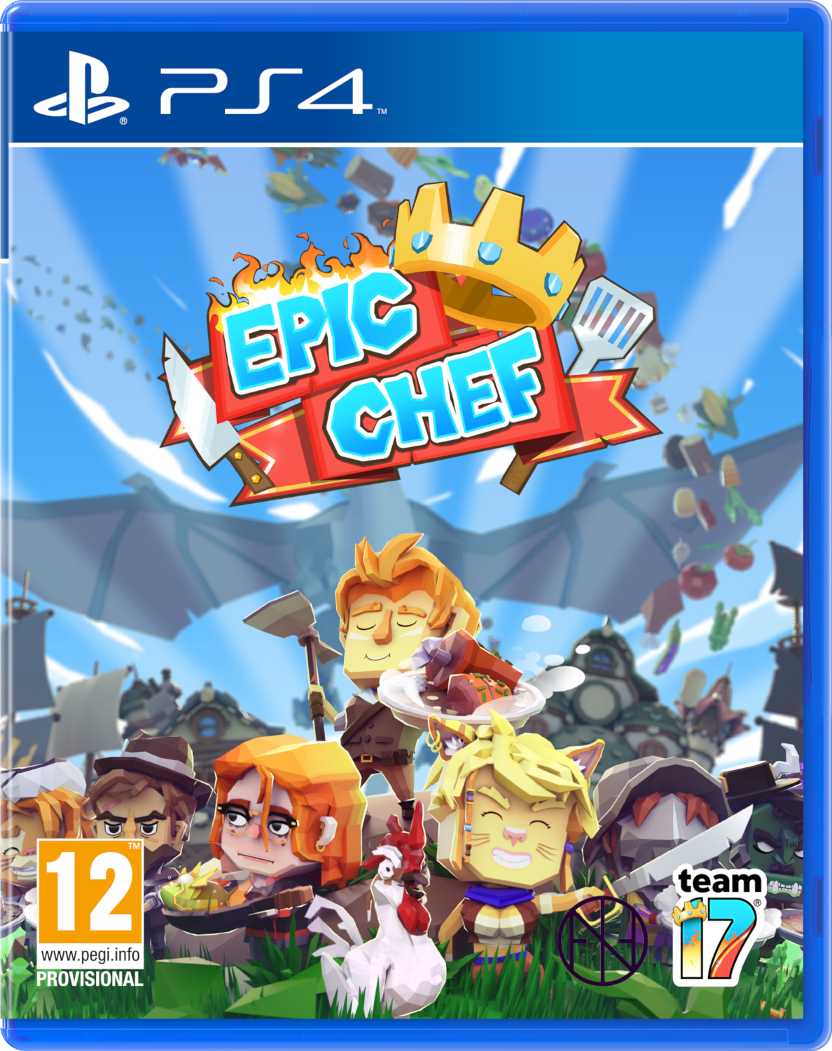 Videogameboxart: Cartoonchef, kasteel en personages, tekst 'EPIC CHEF' en 'PS4'.