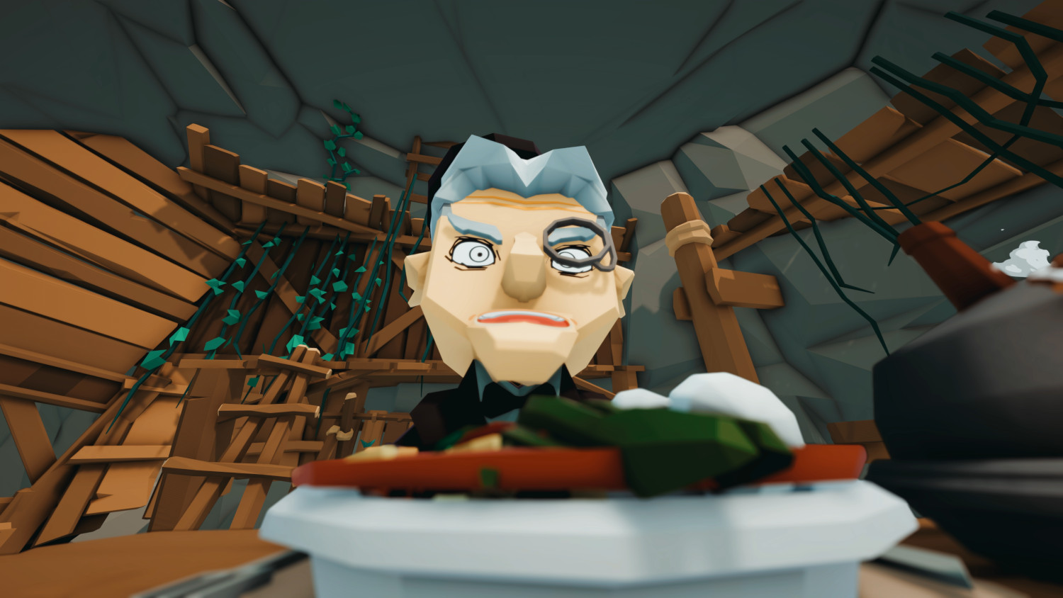 Het gezicht van een cartoonfiguur. Het personage is een man met een verbaasde uitdrukking.