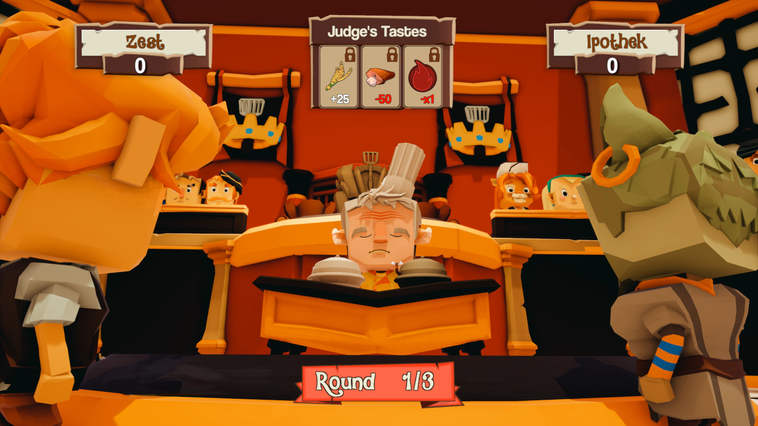 Een cartoon-game scherm. Drie chefs strijden. De rechter zit aan een tafel te oordelen.